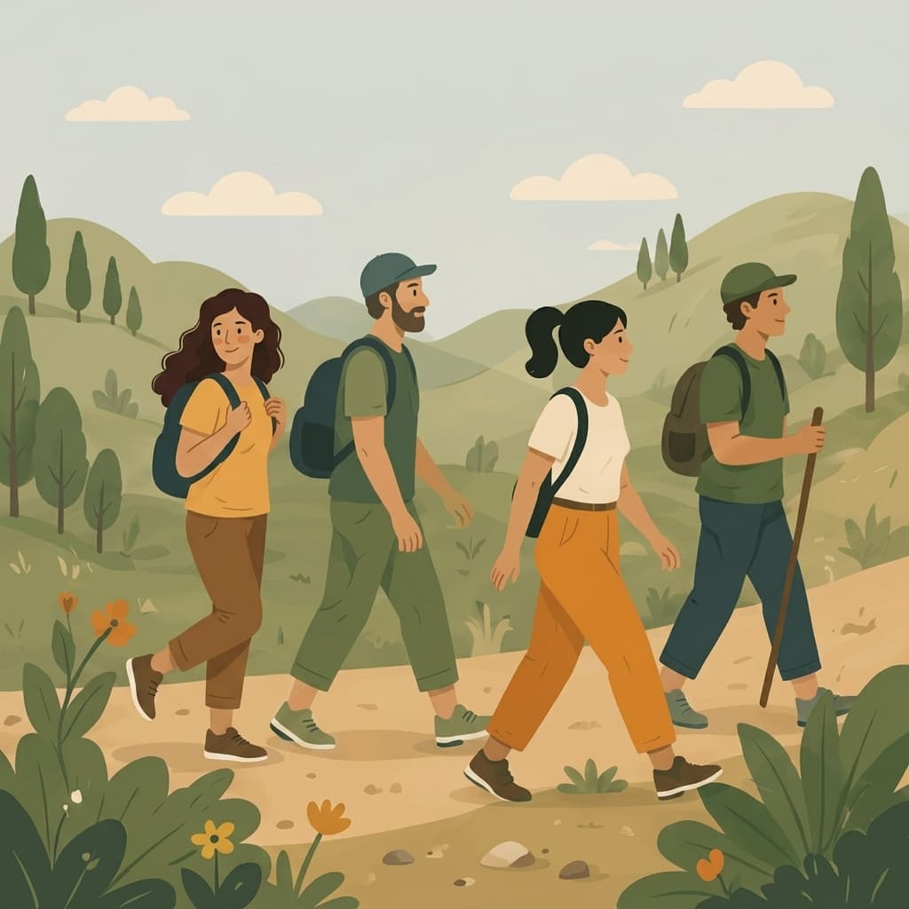 Due persone camminano lungo un sentiero immerso nel verde