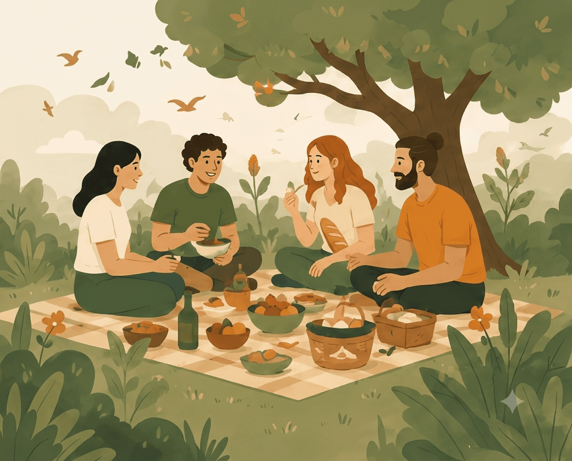 Un picnic all'aperto con amici seduti sul prato attorno a cibo plant based